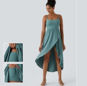 NWT Halara Breezeful Backless High Low Dress w/ Shorts, Medium 8/10, Stone Blue